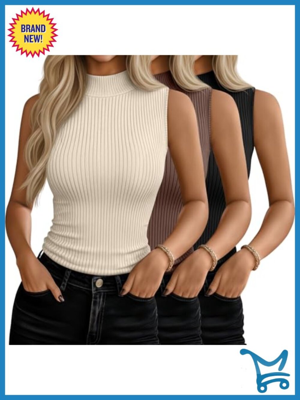 3 Pack Womens Sleeveless Mock Turtleneck Tops Fitted Rayon Spandex